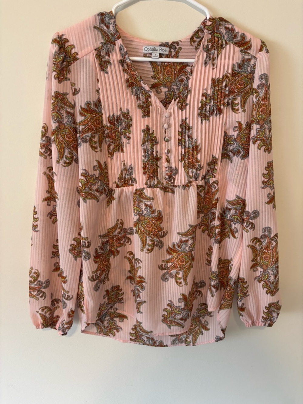 Ophelia Roe Pink Paisley Pleated V-Neck Blouse Size S Coastal Cowgirl
